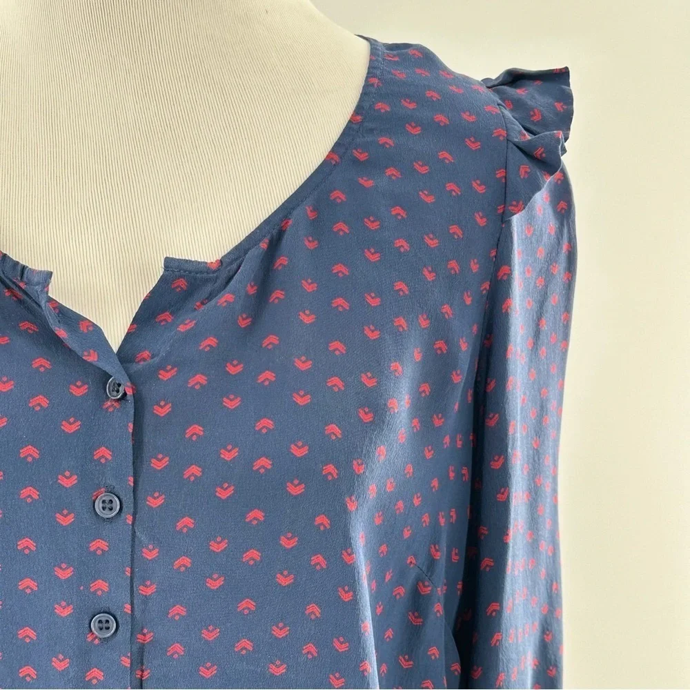 Petticoat Alley top S blue red 100% silk ruffle button down statement sleeves